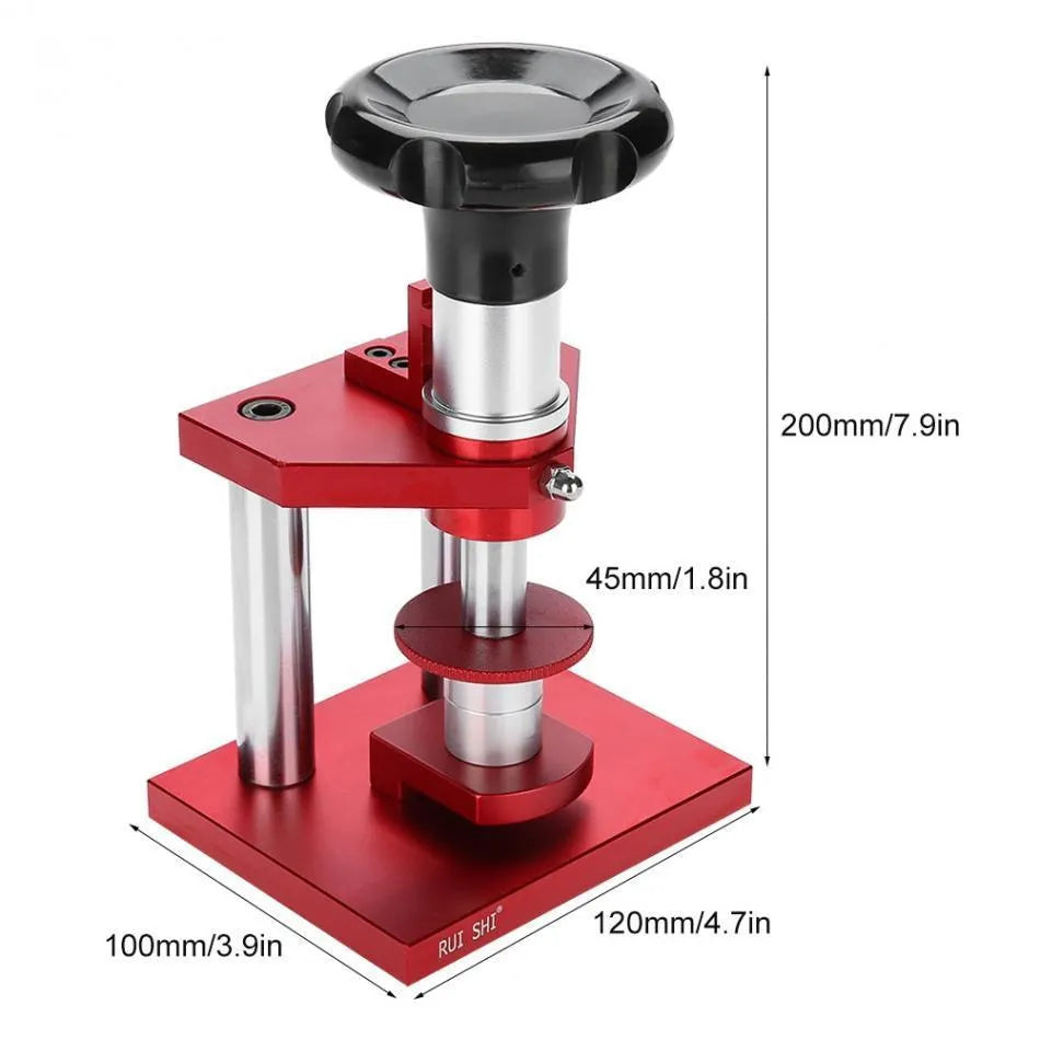Spiral watch back cover presser tool with a set of 20 plastic moulds for case sealing
