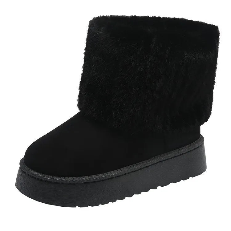 Thick-soled plush snow boots for women warm mid-tube furry cotton shoes available in black beige khaki