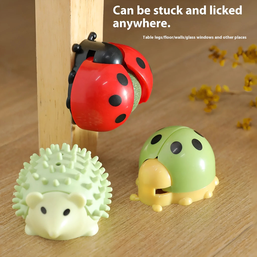 Ladybird catnip ball toy in ABS for cat licking and molar play, shown in black and red colourway