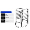 Stainless steel six-layer baking tray rack with locking mechanism for 40cm by 60cm sheets.