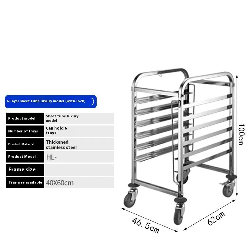 Stainless steel six-layer baking tray rack with locking mechanism for 40cm by 60cm sheets.