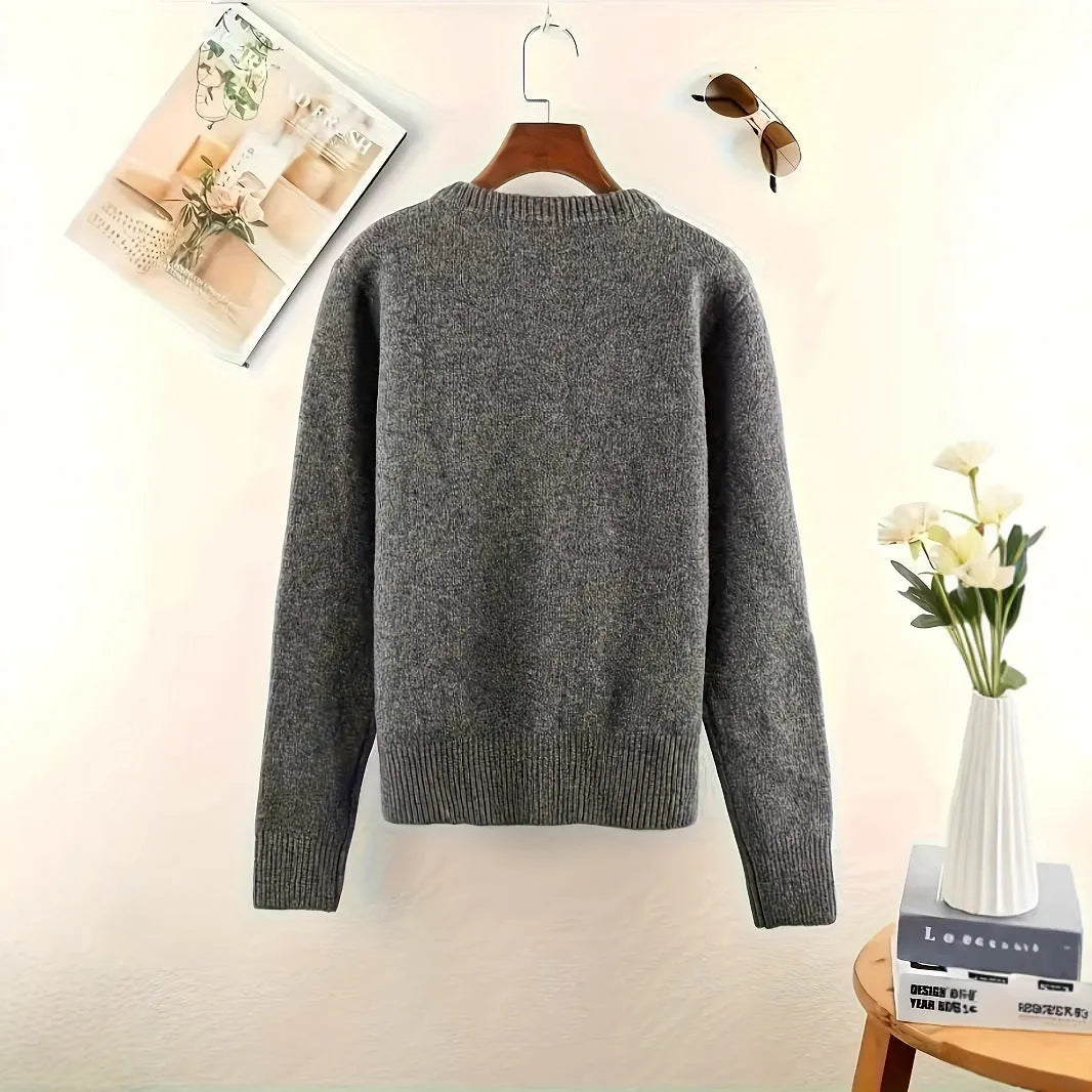 Dark grey women's polyester cardigan with long sleeves and button front.