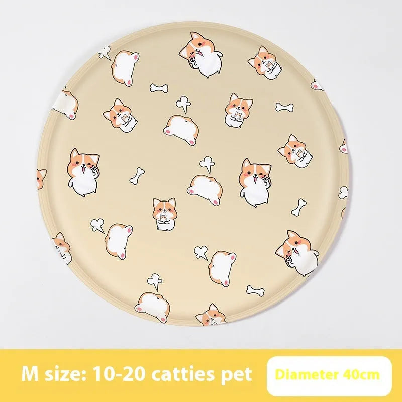 Dog cooling mat with cartoon design showing gel ice pad construction in beige bunny pattern