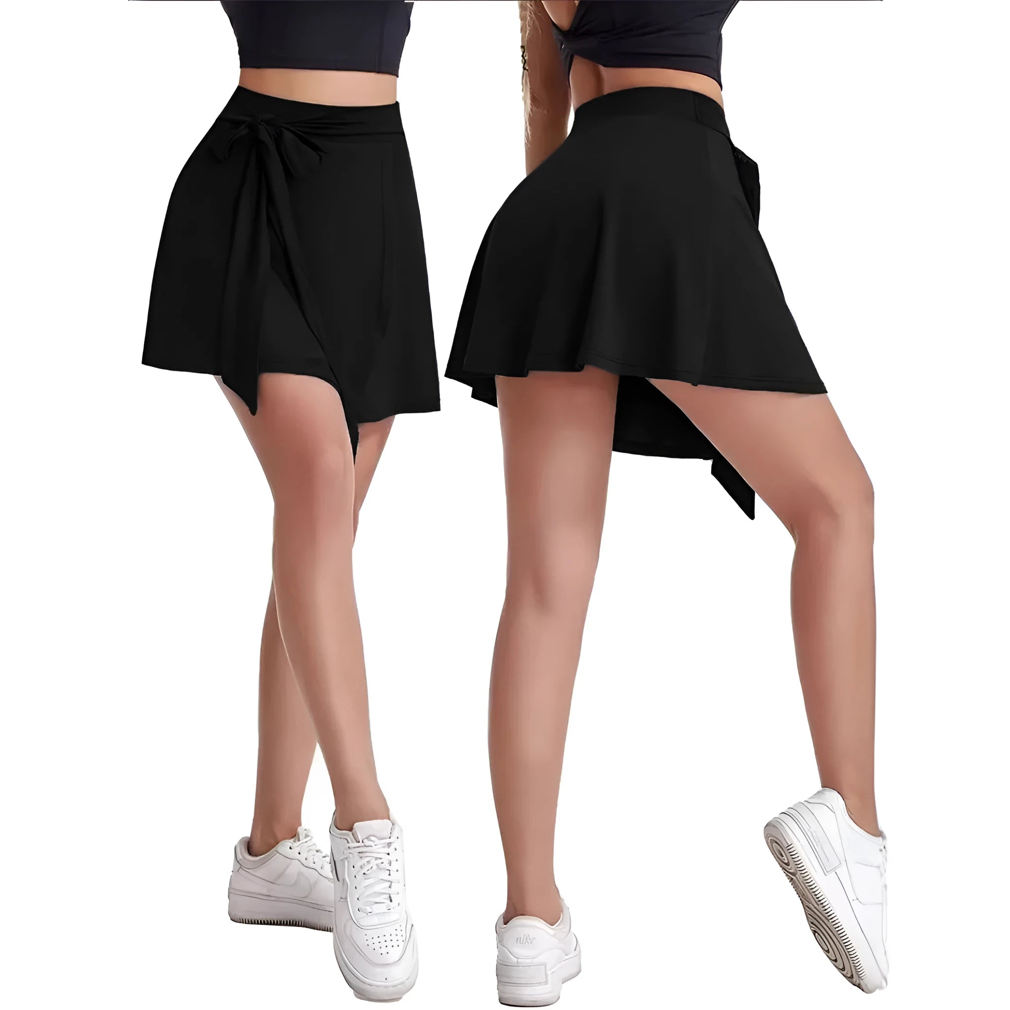 Black thigh-length unisex sports culotte skirt with high waist and integrated shorts layer.