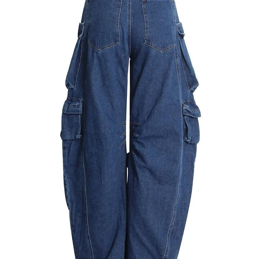 Dark blue distressed wide-leg jeans with high waist and multiple pockets