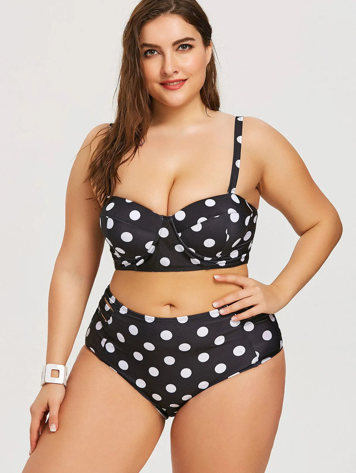Retro polka dot high-rise bikini set in black, plus size XL-5XL, padded top and high-rise bottom.