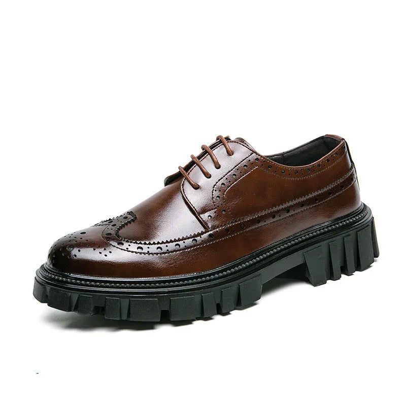 Men's black and brown brogue business shoes with artificial PU upper and round toe design