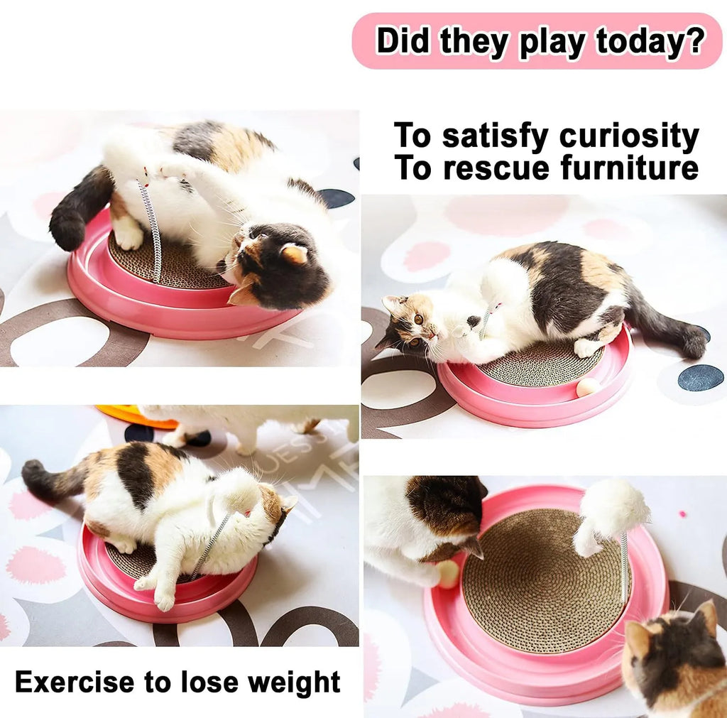 Blue cat scratching post with interactive ball track and replaceable cardboard centre pad