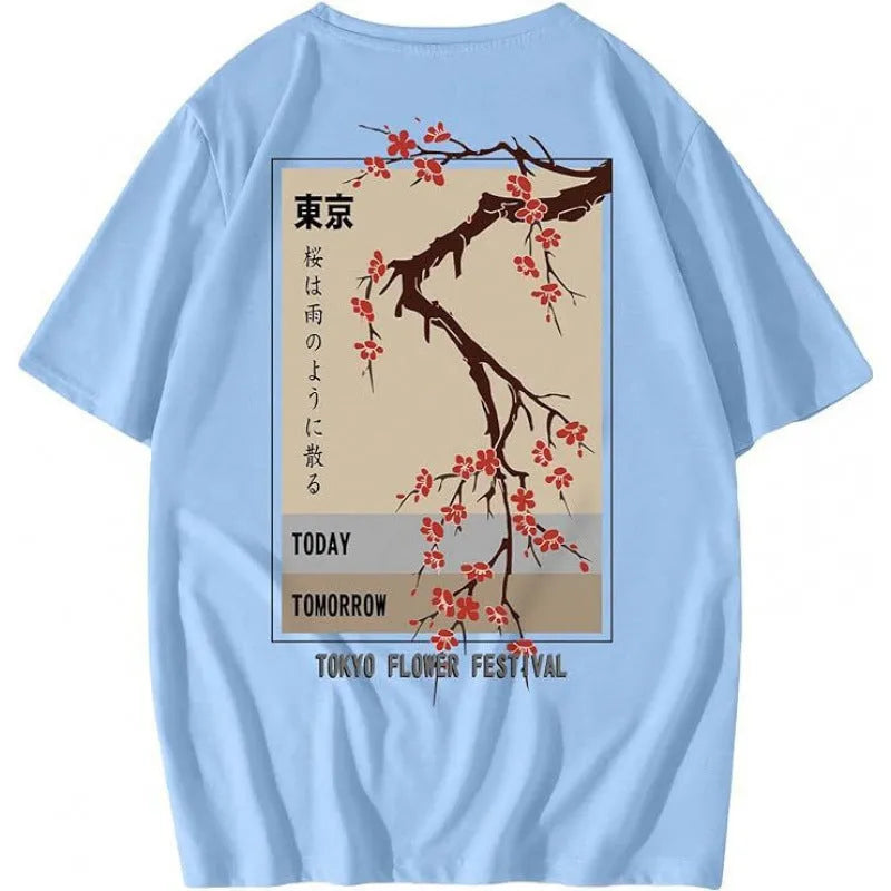 Men's printed street-style short-sleeve sports T-shirt on a hanger, showing digital print design.