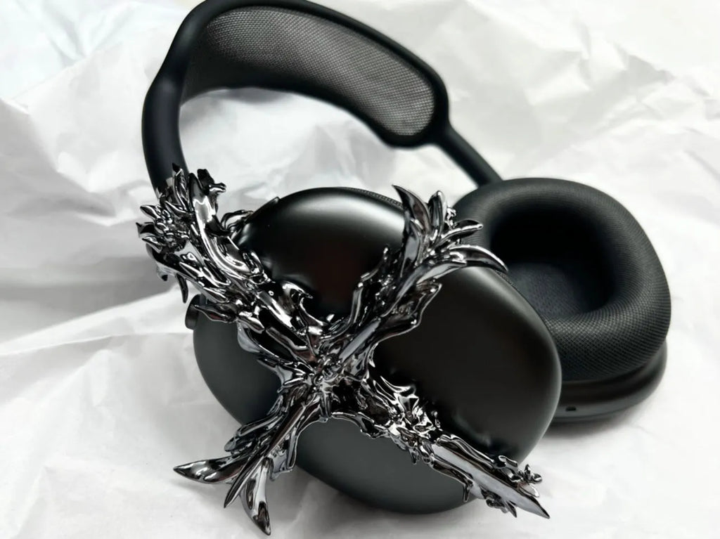 Gothic cross design resin hard case cover for Apple AirPods Max headphones in silver colour.