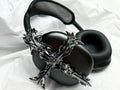 Gothic cross design resin hard case cover for Apple AirPods Max headphones in silver colour.