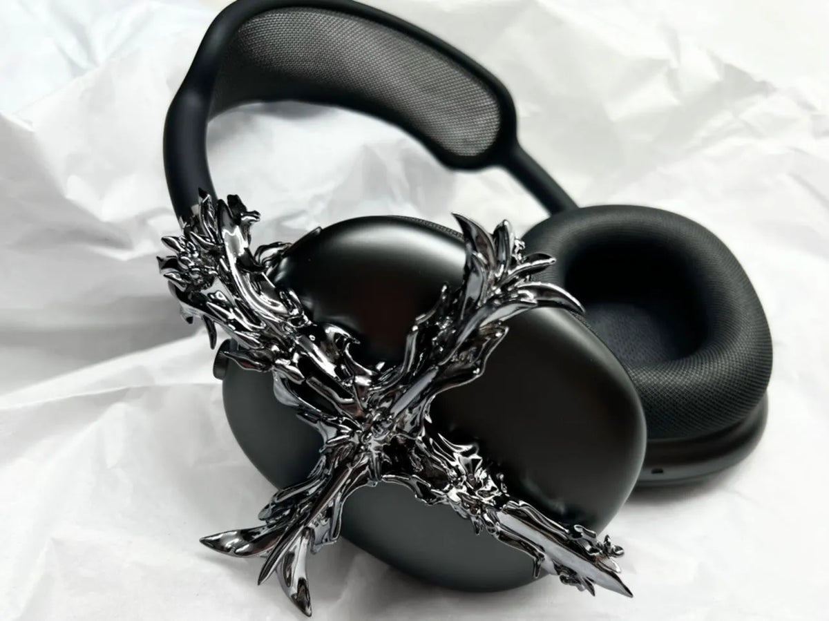 Gothic cross design resin hard case cover for Apple AirPods Max headphones in silver colour.