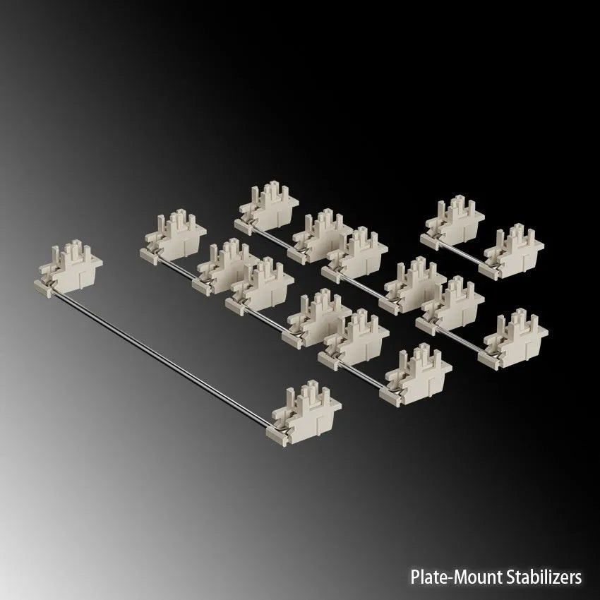 Mechanical keyboard stabiliser kit showing black and milky white 6.25U and 7U satellite axis components