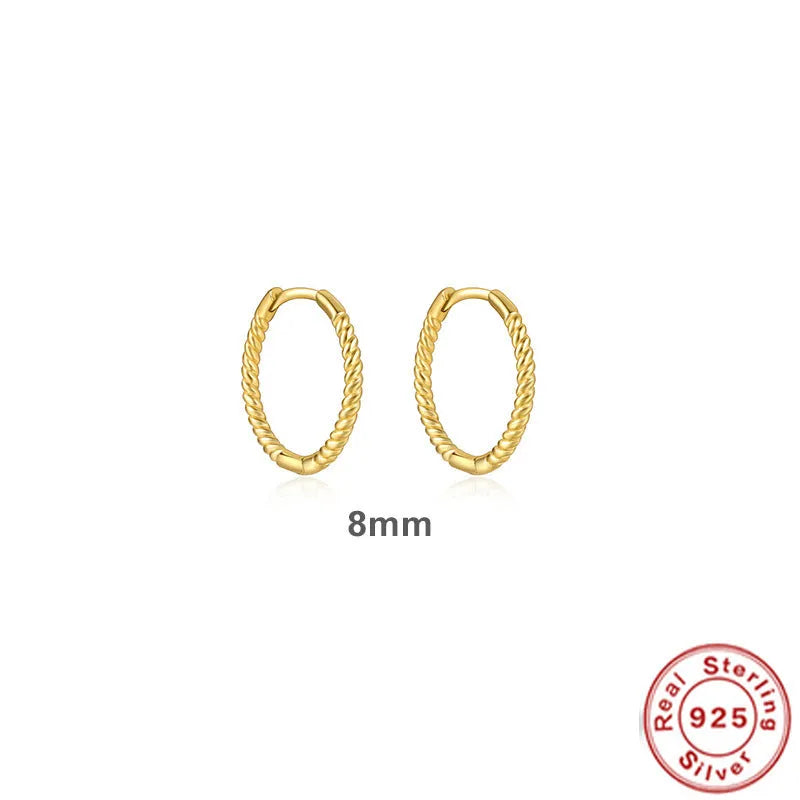 Twisted string round ring earrings in sterling silver with geometric design showing gold and platinum finish options