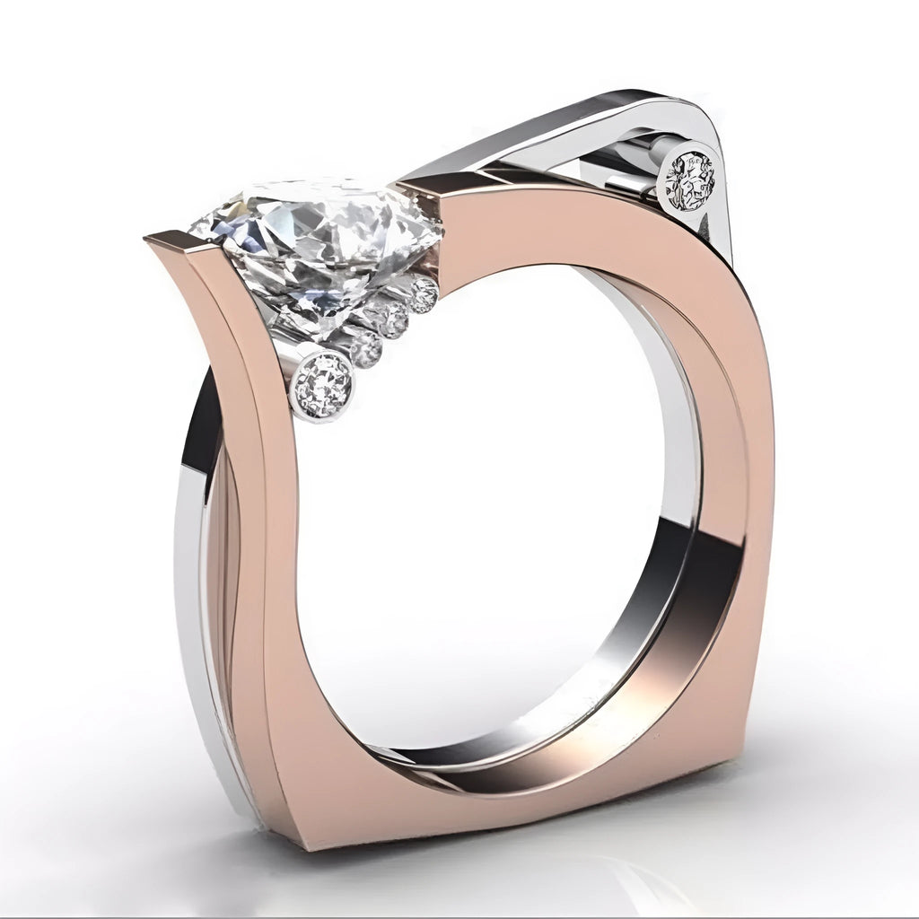 Rose gold electroplated couple rings with geometric shapes and zircon stone inlays