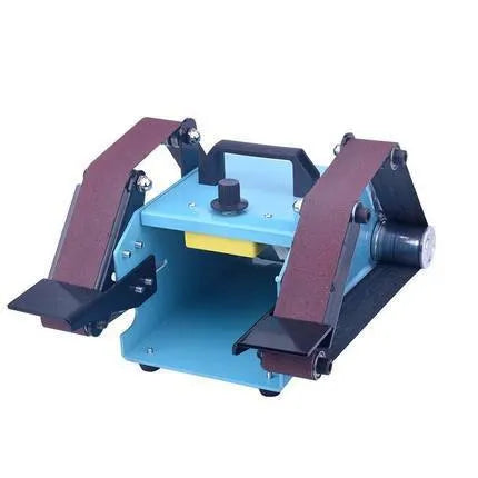 Blue desktop dual-axis belt sander with 750W motor and variable speed control on benchtop