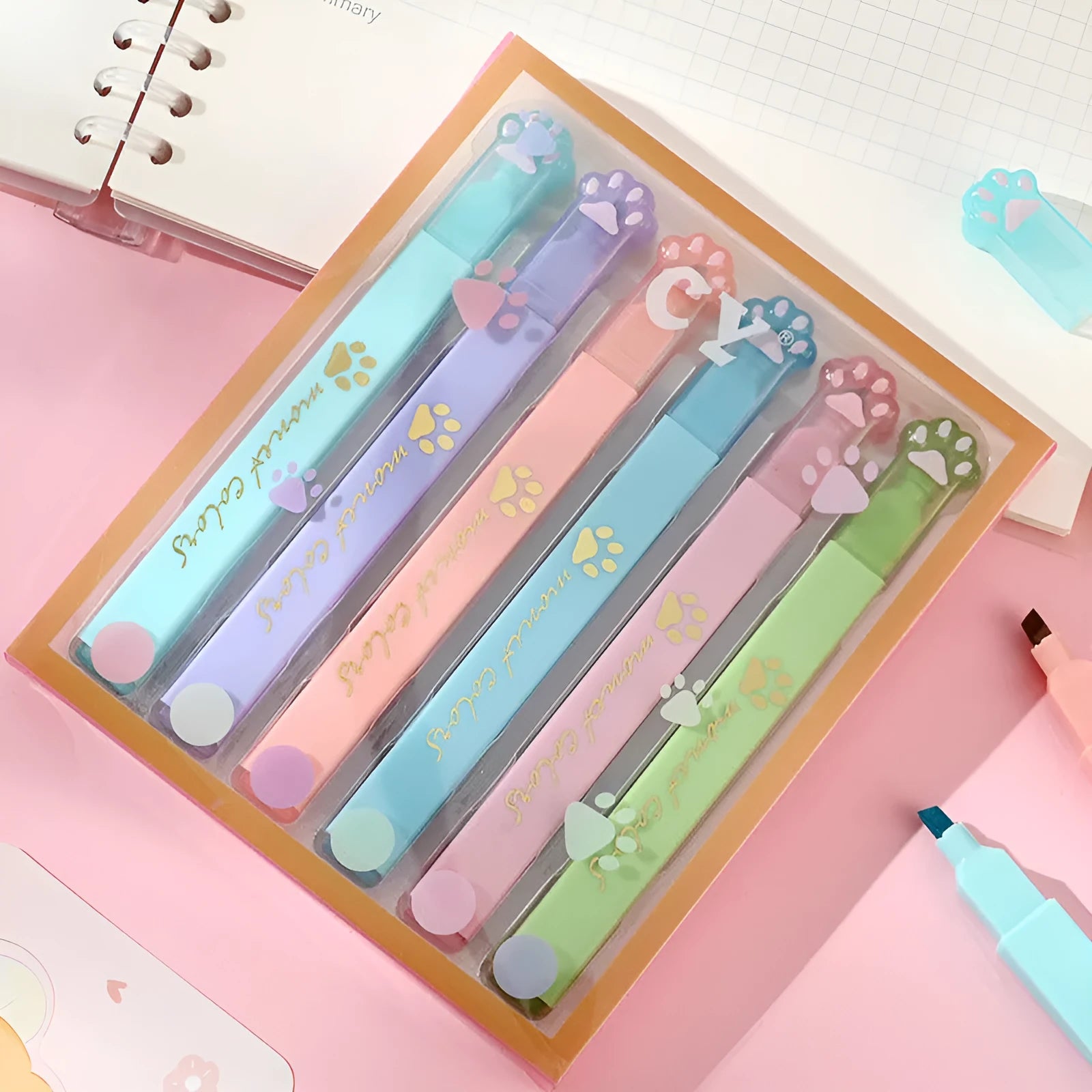 Box containing six Cat's Paw fluorescent marking pens with oblique nibs in assorted colours.