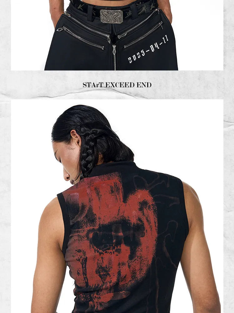 Black half turtleneck slim-fit sleeveless T-shirt with character pattern print