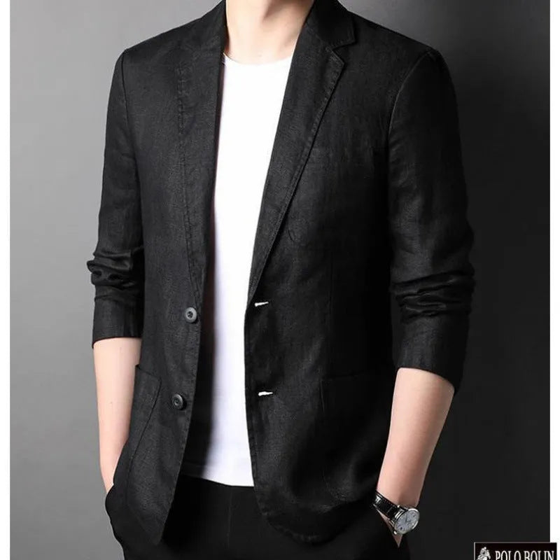 Men's linen leisure suit in black, regular fit jacket and trousers for spring summer
