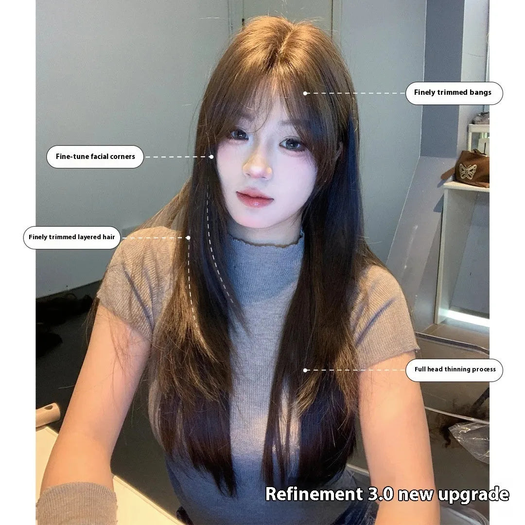 Women's cold brown long straight layered wig made from high temperature fibre with full-head coverage