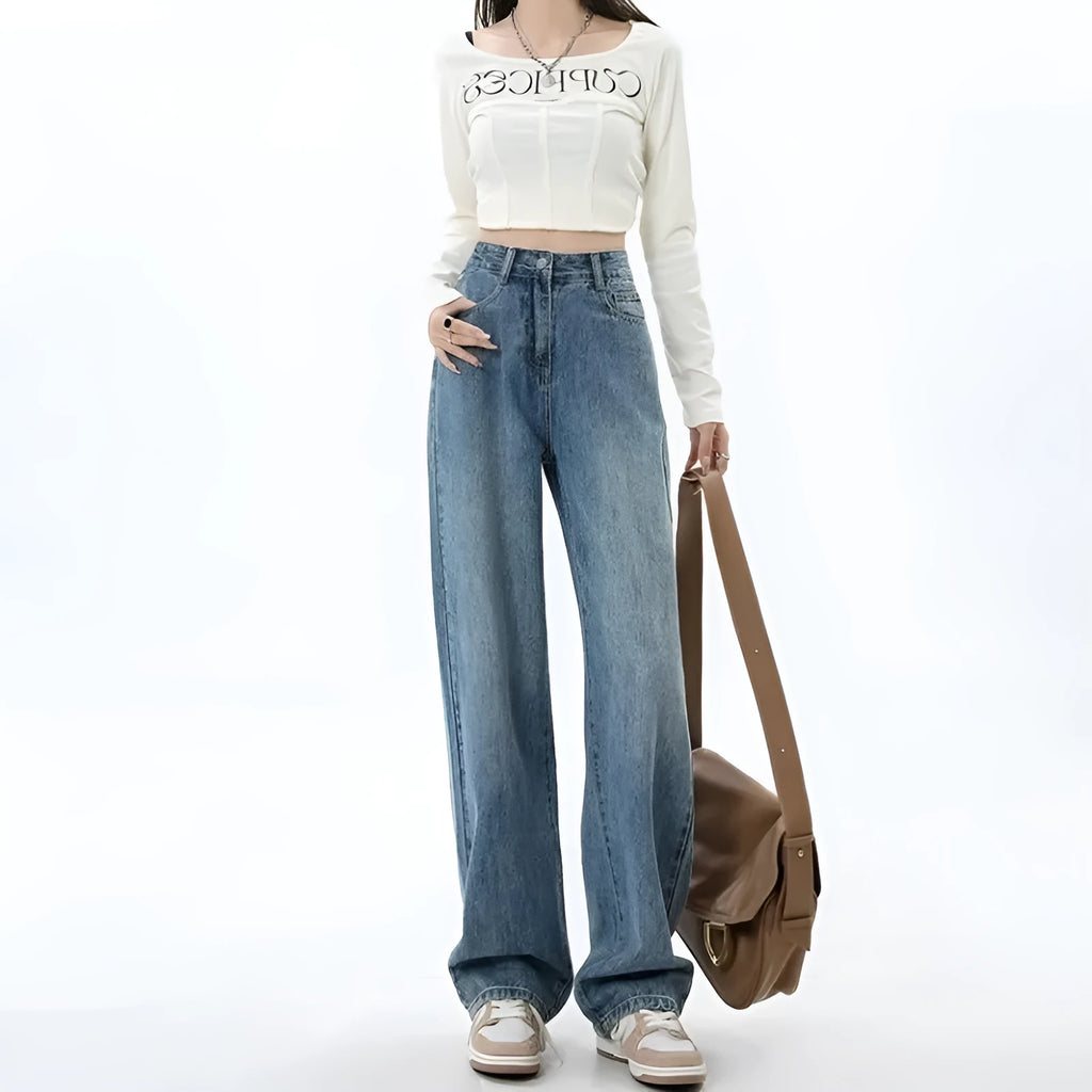 Retro blue women's wide leg jeans with high waist and straight cut design