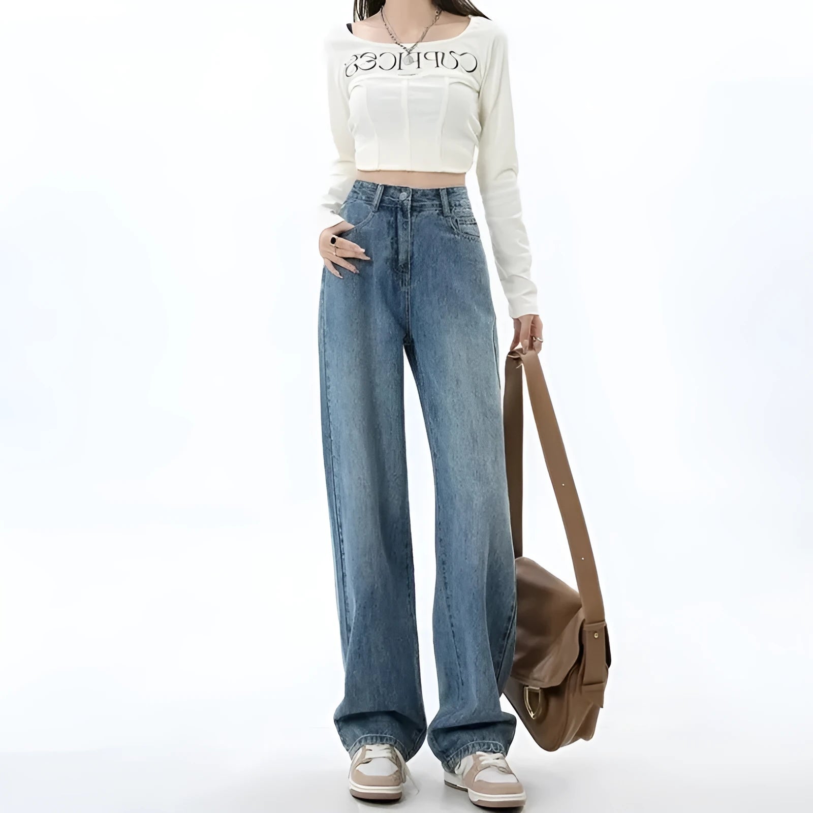 Retro blue women's wide leg jeans with high waist and straight cut design