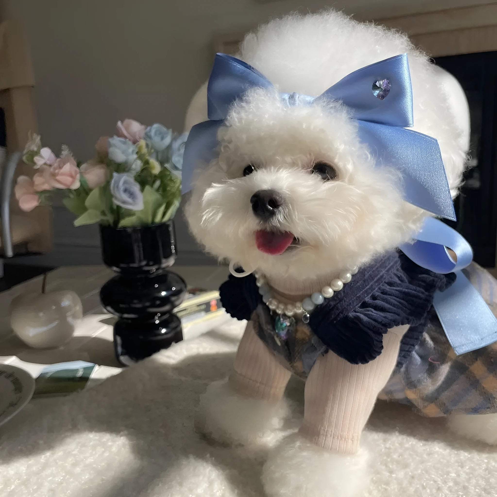 Adjustable princess-style dog hair band headdress with bow tension on blue ribbon
