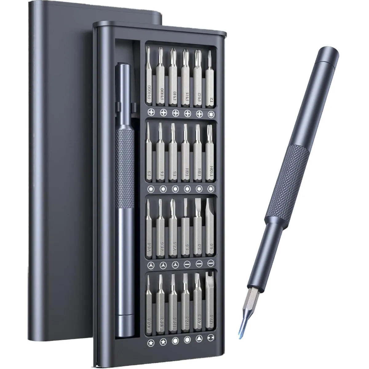25-in-one magnetic screwdriver set with knurled ABS handle and chrome vanadium steel shaft.