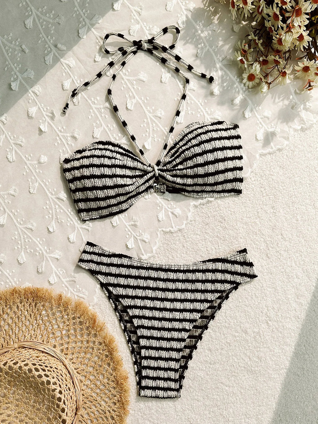 Striped two-piece bikini swimsuit for women in pink or black, briefs style, polyester, sizes S M L