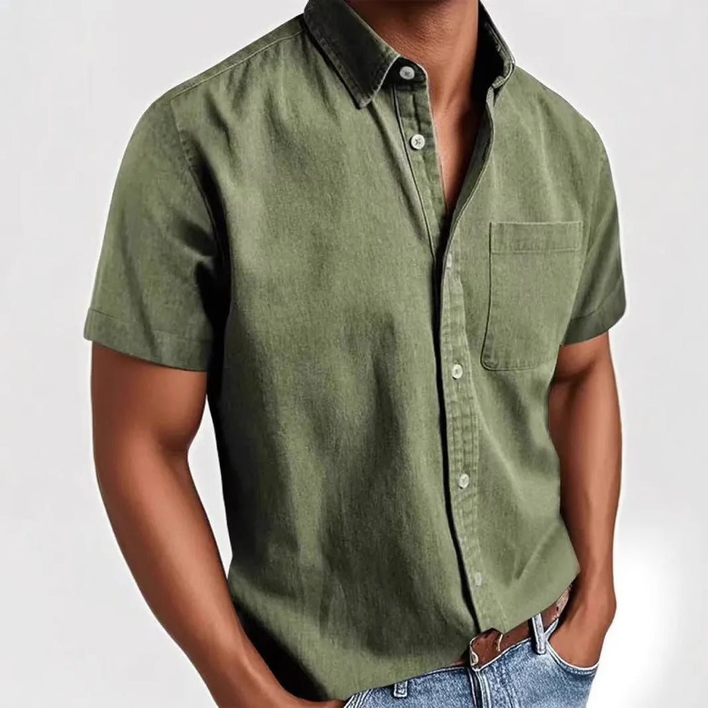 Men's loose fit short sleeve cardigan shirt in cotton blend fabric showing single-breasted design