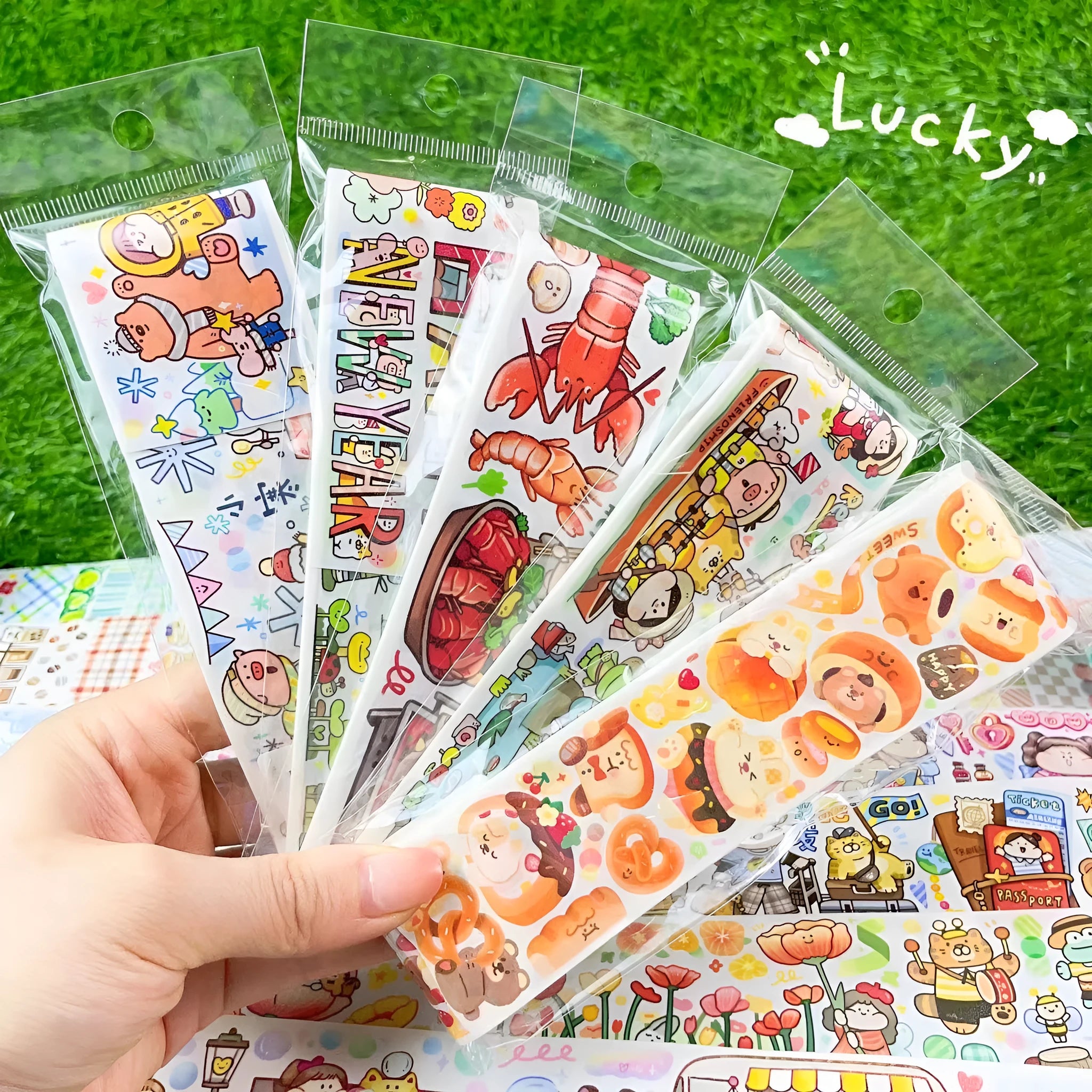 Cute cartoon character sticker for haemorrhoid tape packaging on Japanese paper.