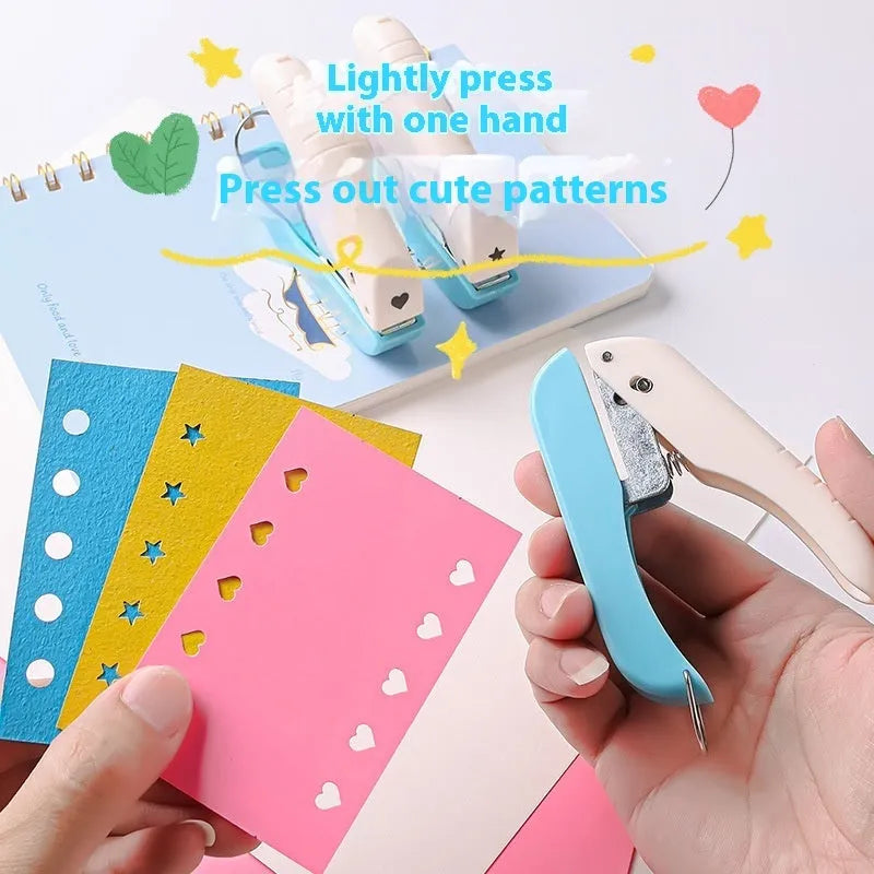 Small manual handheld embossing punch tool with four metal dies: Love, Star, 4mm and 6mm round dots.