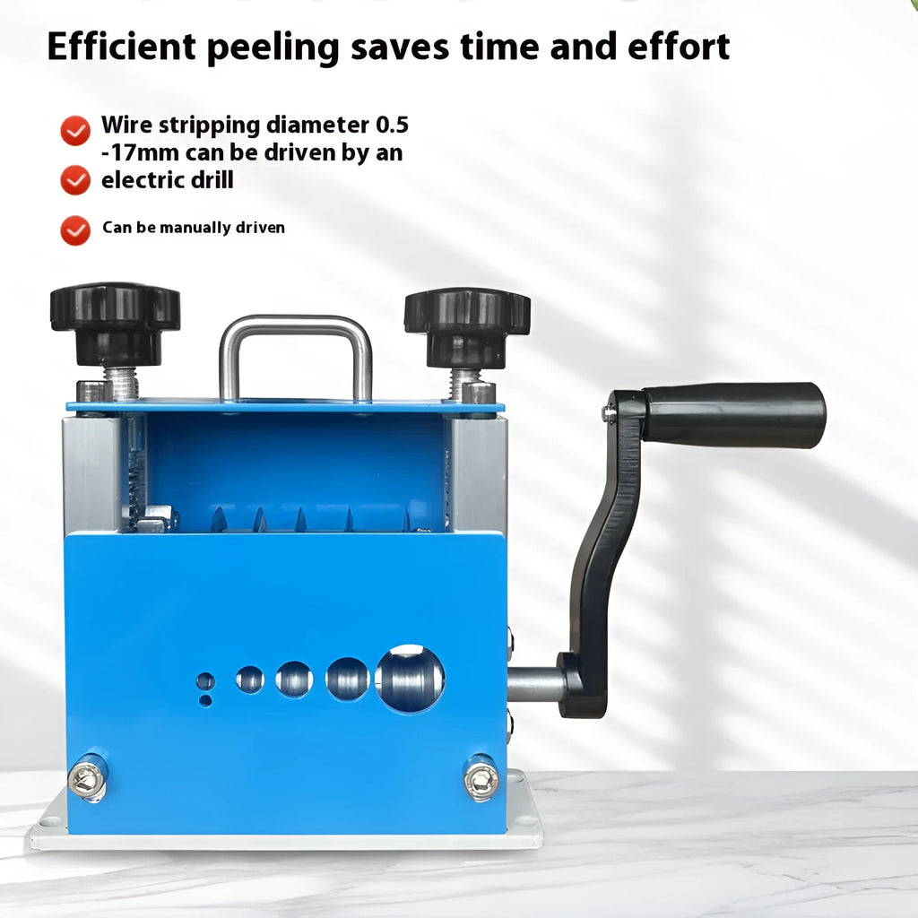 SD-017 manual wire stripping machine with adjustable diameter range on a workbench.