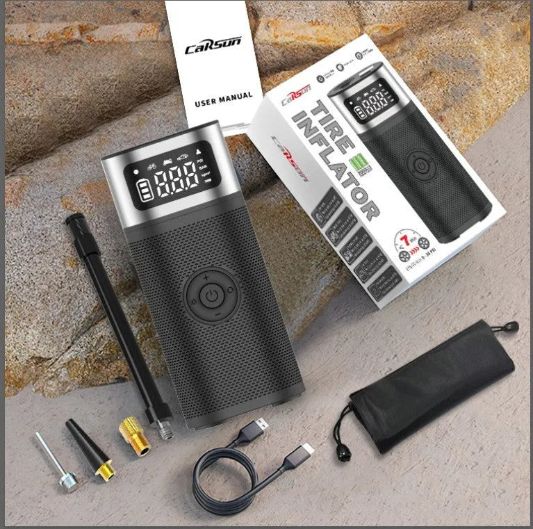 Black portable wireless air pump with 15cm tube and multiple nozzles for vehicle tyres, bicycles and swimming rings