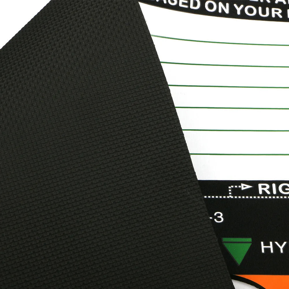 Black neoprene golf swing stance training mat with alignment markings for posture correction