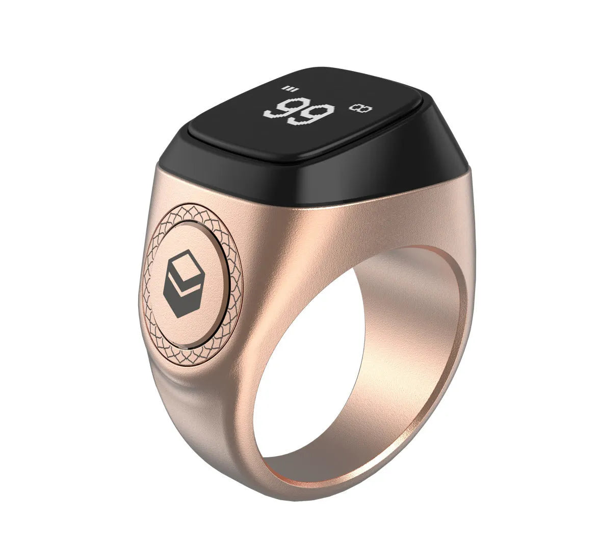 Zikr1 smart ring in black, green, rose gold, or silver on a charging case with USB cable