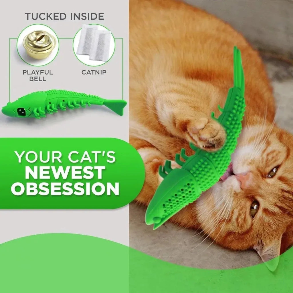 Blue hard rubber catnip toy with dental cleaning texture and bell inside