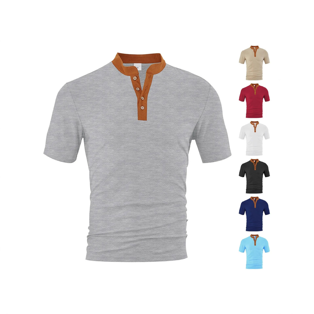 Men's loose fit short sleeve button-up shirt in polyester, available in six colours and sizes S to XXXL.