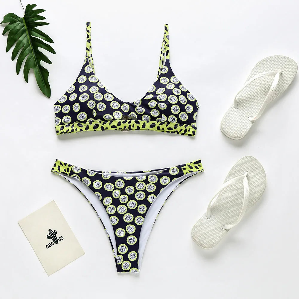 Women's polyester bikini set in black and white dots or red and white stripes pattern