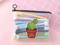 20 black cartoon cactus design pens with 0.5mm tips and a matching plastic pen case.