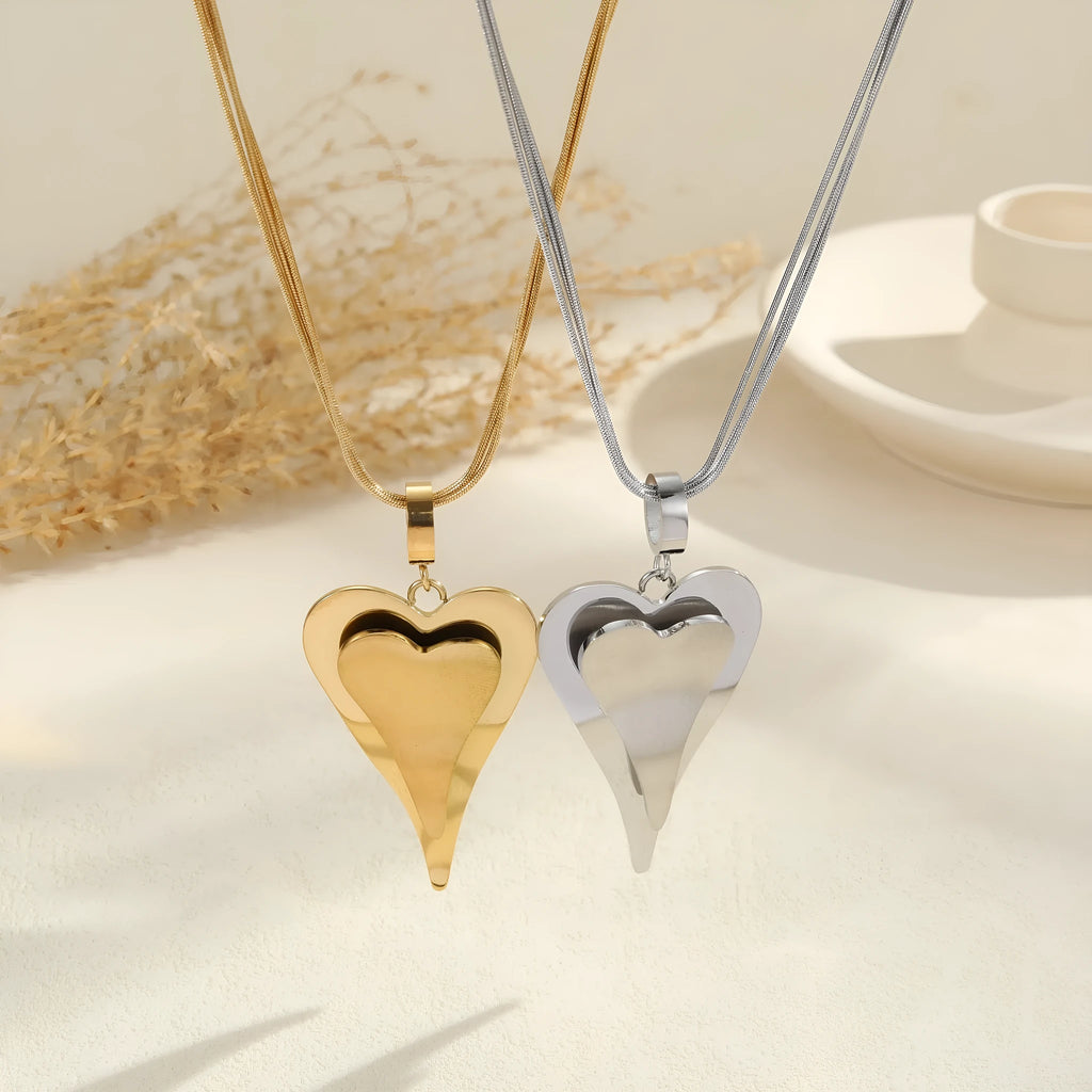 Stainless steel necklace with double heart snake bones chain geometric design