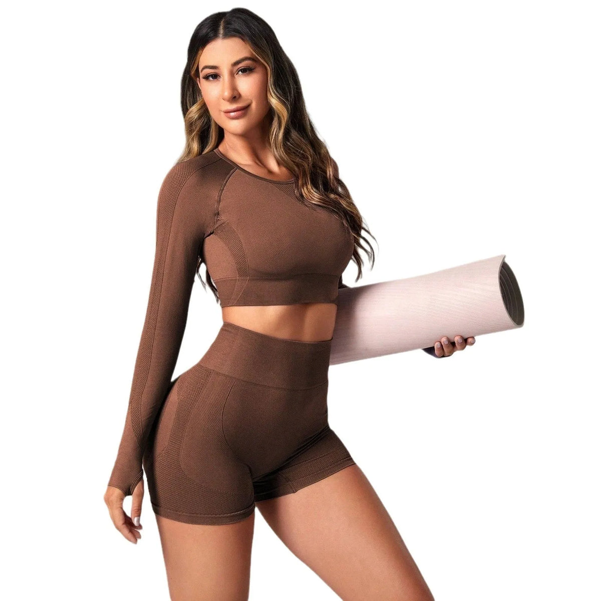 Women's black high-waisted yoga suit with long sleeves and matching trousers