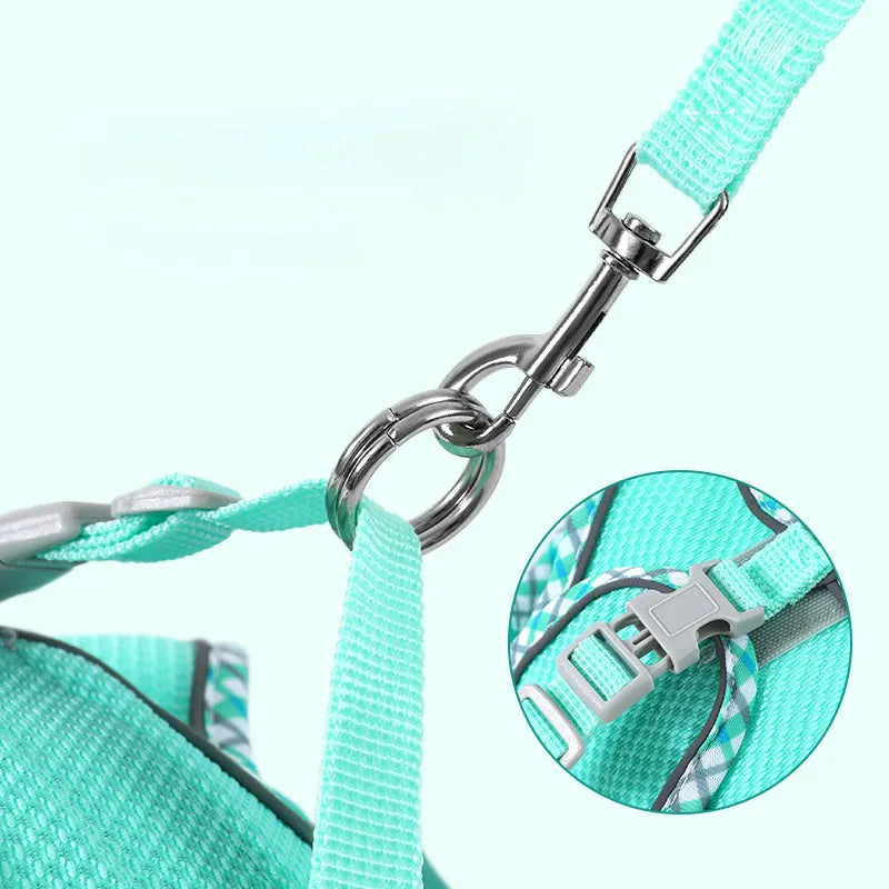 No-pull step-in dog harness with 1.2m leash, breathable mesh, reflective vest, quick-release buckle, sizes XXS to L