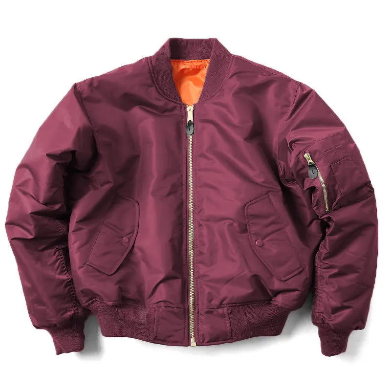 Men's army green cotton-padded pilot jacket with a loose fit and zipper front.
