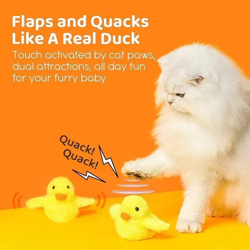 Yellow flapping duck cat toy with USB charging cable on a white background.