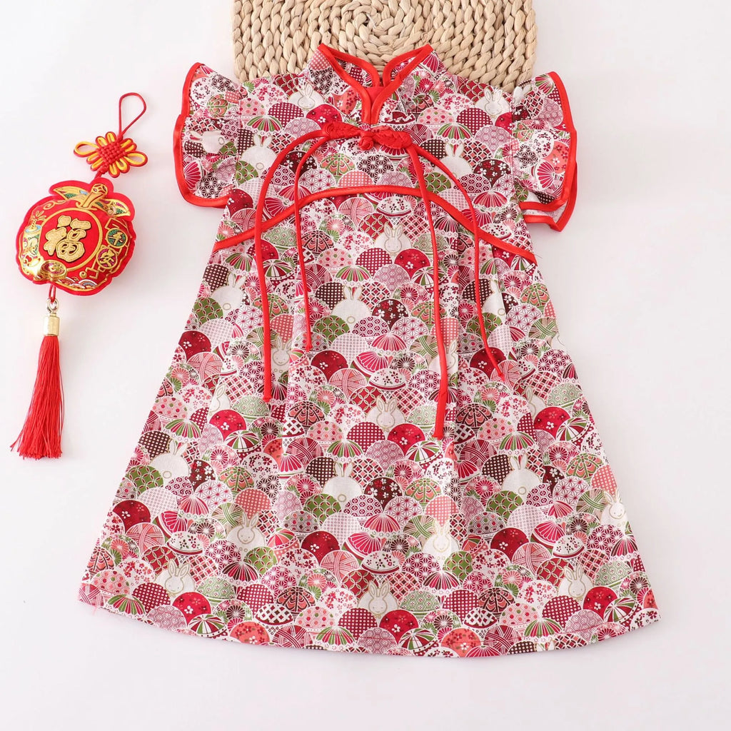 Girls Chinese style cotton dress in red small floral with splicing detail, available in heights 80cm to 150cm.