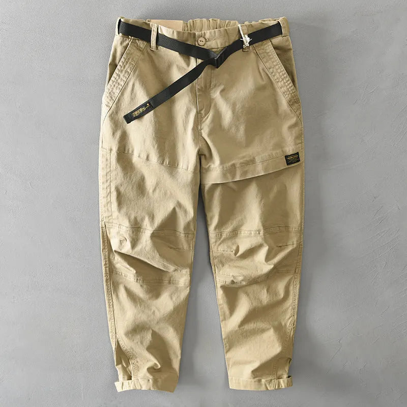 Men's casual cotton overalls with elastic waist in khaki, black, light grey, or army green.
