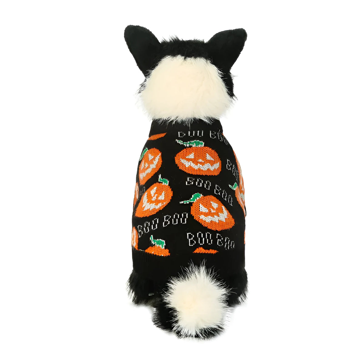 Black Halloween dog sweater with orange pumpkin pattern shown on pet model