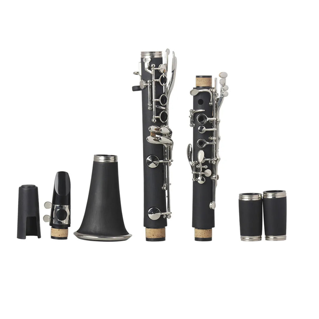 Black bakelite beginner clarinet with 17 nickel keys and a carrying bag.