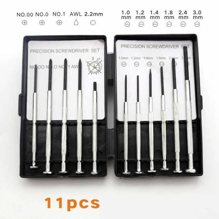 TH-6177 11-piece clock repair screwdriver set with cross and slotted heads on a grey background.